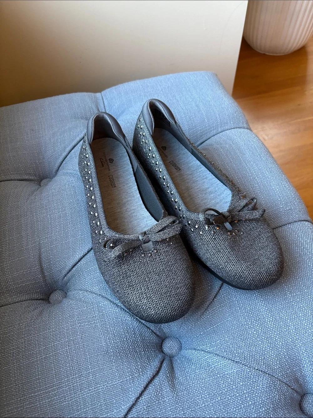 Clarks Gray Sparkle Ballet Flats with Bow and Stud Accents